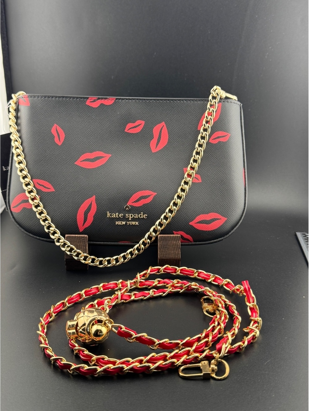 Kate Spade New York Black Leather Shoulder Bag with Red Lips - Picture 5 of 7